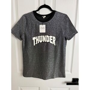 OVS Womens Thunder Graphic Metallic Silver Sparkle Short Sleeve Tee Shirt L NEW